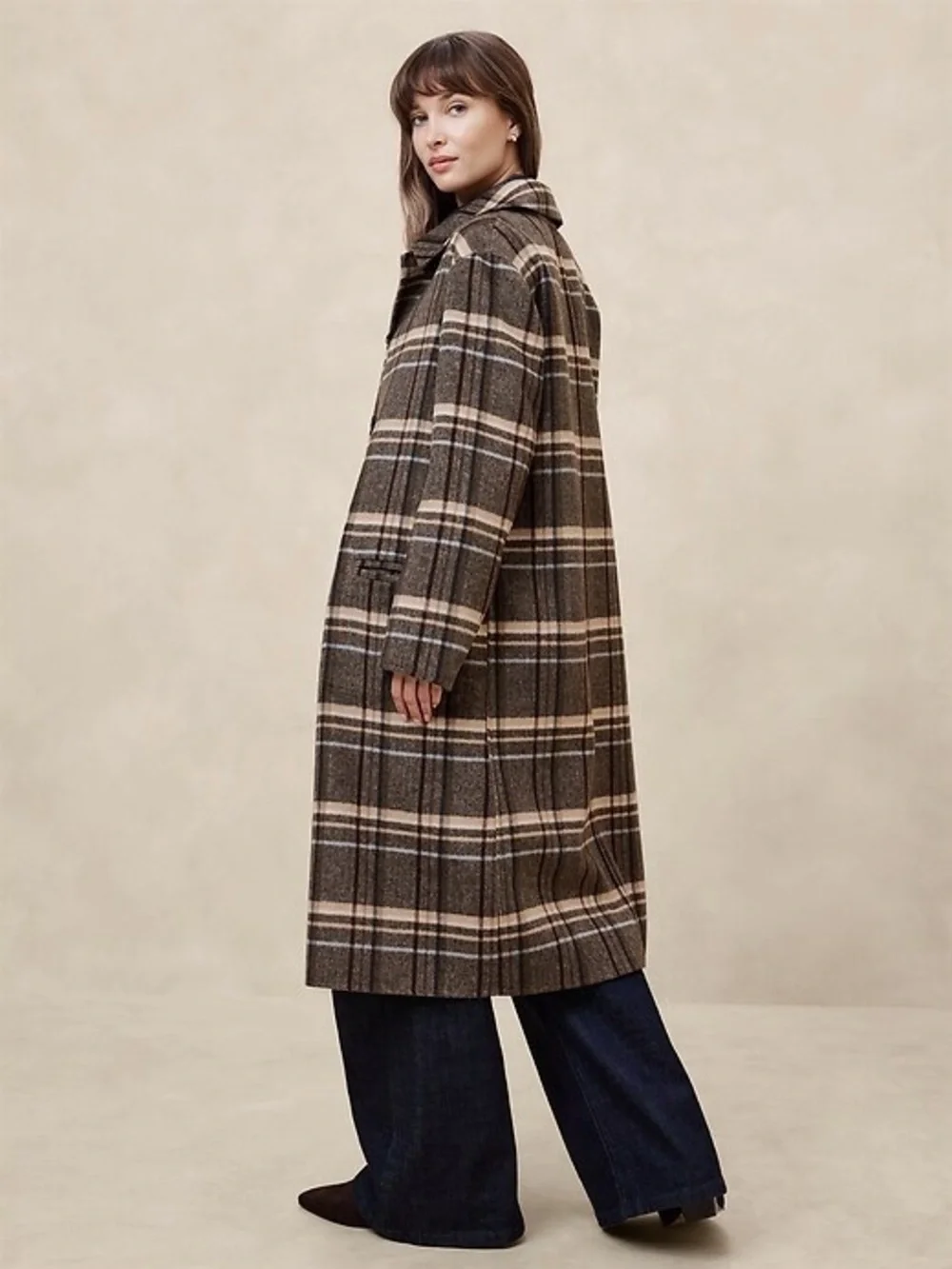Banana Republic Reversible Wool Blend Long Coat in Brown/Plaid - Picture 2 of 7
